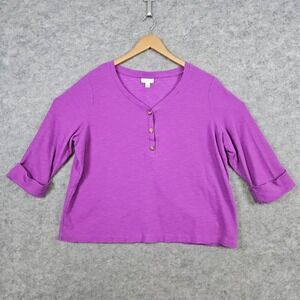 J Jill Womens Top Size XL‎ Purple 3/4 Sleeve Henley Style V Neck 100% Cotton